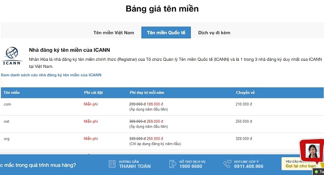 Bảng giá tên miền quốc tế .com